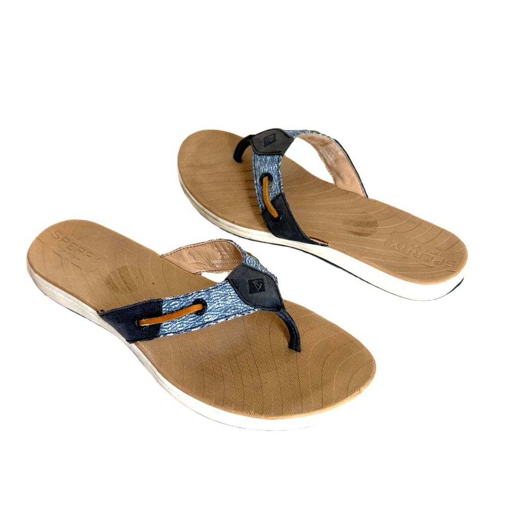 Sperry Top Sider Boat Shoes Womens 7 Sandals Flip Flops Nautical Blue Leather - Picture 2 of 12